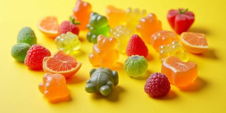 Bunte kindgerechte Multivitamin-Gummibärchen auf hellem Hintergrund.