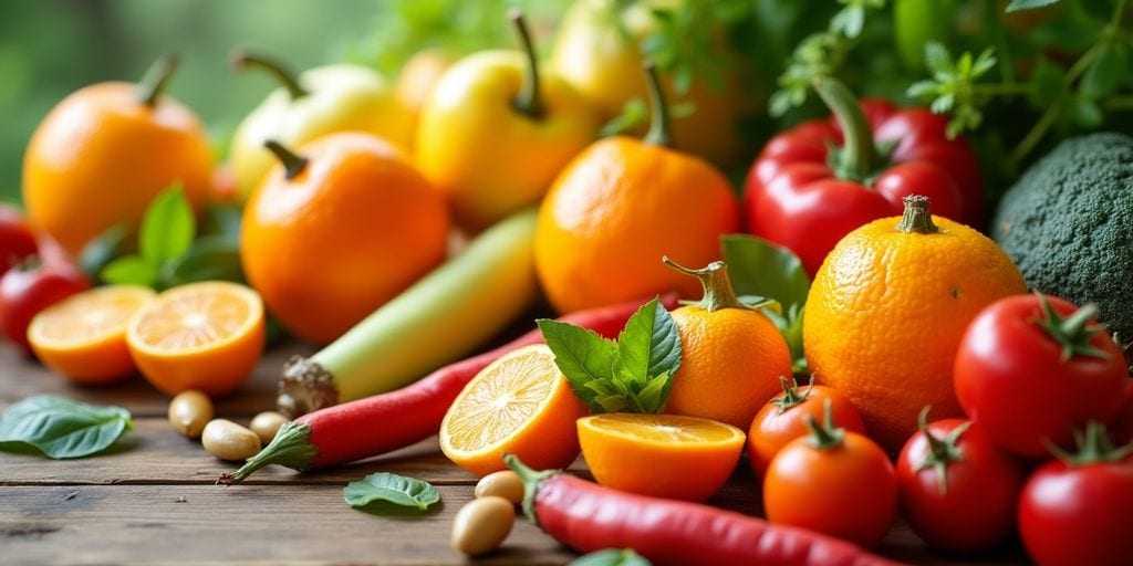 Bunte Früchte und Gemüse für Vitamine in der Schwangerschaft.