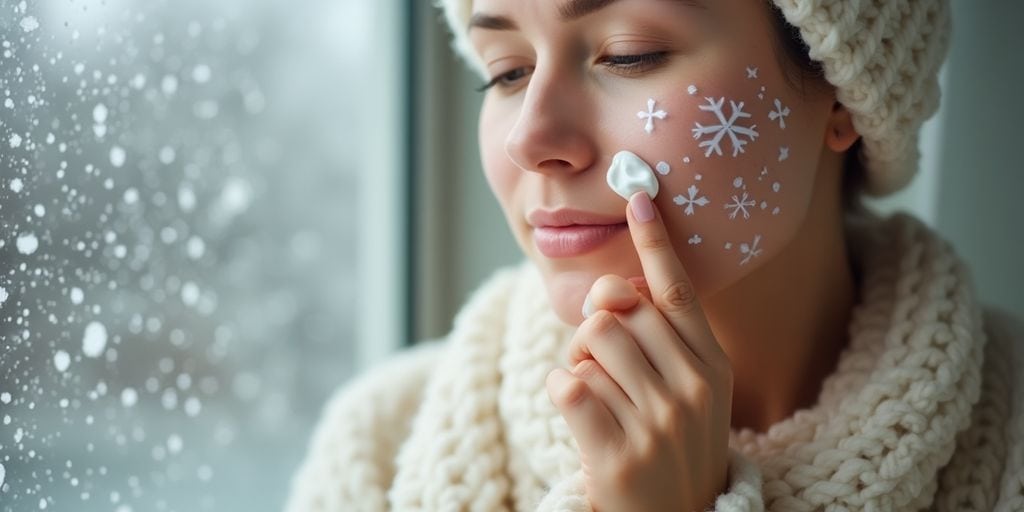 Person pflegt die Haut mit Creme im Winter.