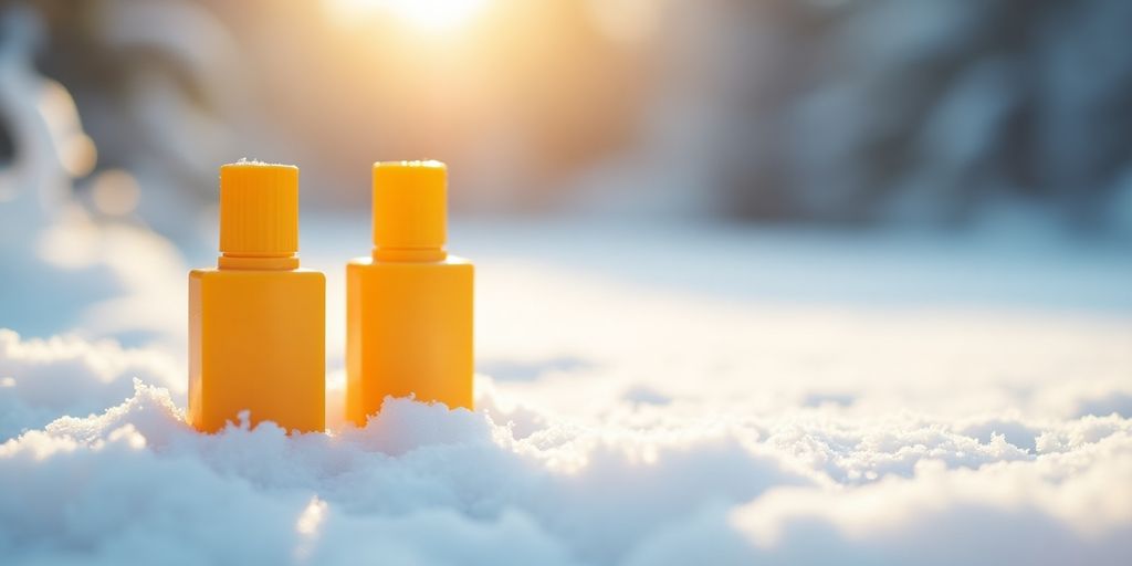 Sonnencreme auf schneebedecktem Untergrund im Winter.